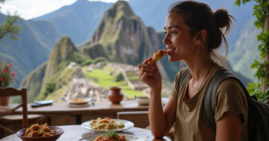 Young backpacker enjoying a meal in מסעדות במאצ'ו פיצ'ו פרו