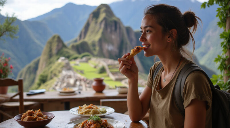 Young backpacker enjoying a meal in מסעדות במאצ'ו פיצ'ו פרו