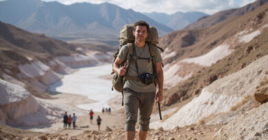 Young adult backpacking in rugged terrains of Maras, Peru