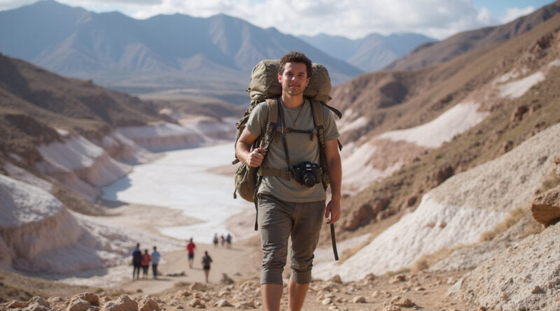 Young adult backpacking in rugged terrains of Maras, Peru