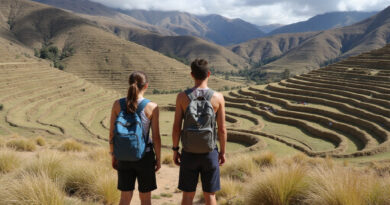 Backpackers exploring agricultural terraces of Moray, Peru