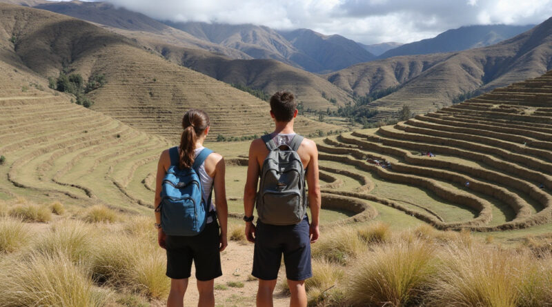 Backpackers exploring agricultural terraces of Moray, Peru