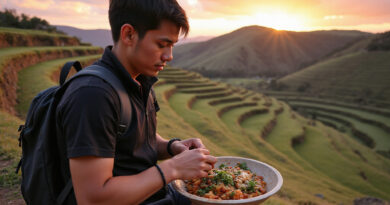Backpacker enjoying Peruvian gastronomy in Moray, Peru