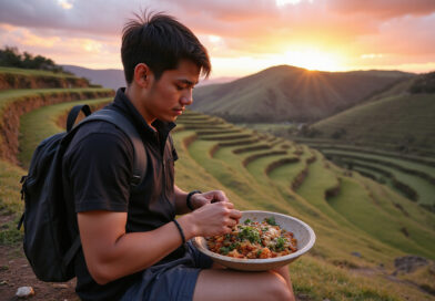 Backpacker enjoying Peruvian gastronomy in Moray, Peru