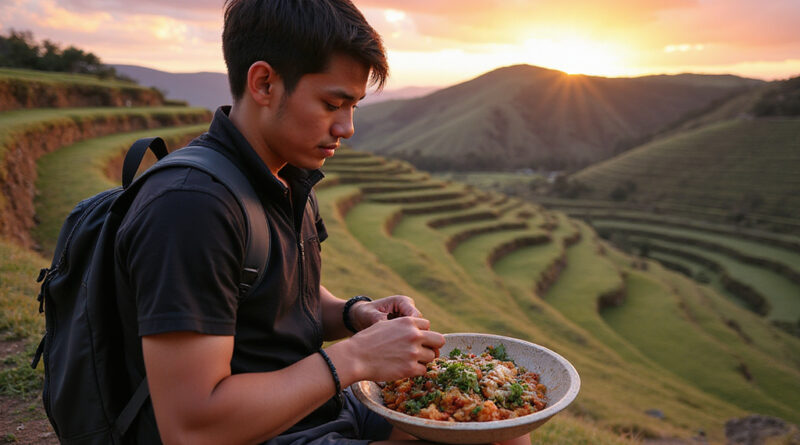 Backpacker enjoying Peruvian gastronomy in Moray, Peru