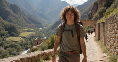 Young backpacker exploring Ollantaytambo, Peru with Incan ruins backdrop