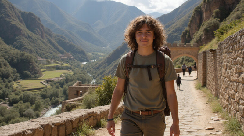 Young backpacker exploring Ollantaytambo, Peru with Incan ruins backdrop