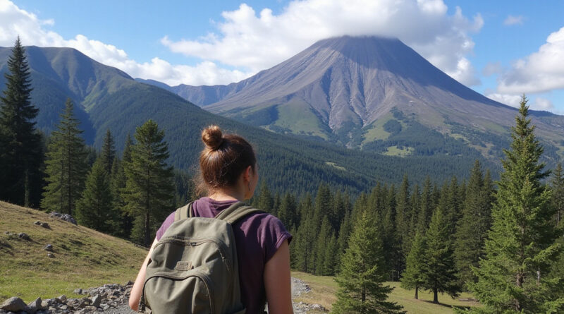 Backpacker admiring Villarrica Volcano אטרקציות בפוקון צ'ילה