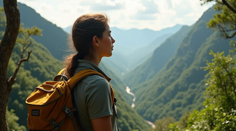 Young backpacker enjoying viewpoint on a trail in Cuiaba, Brazil