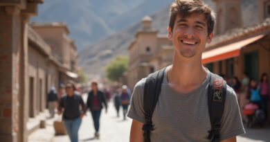 Backpacker exploring vibrant Ollantaytambo, Peru streets with Inca ruins background