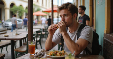 Backpacker dining in Petropolis, Brazil at local restaurant