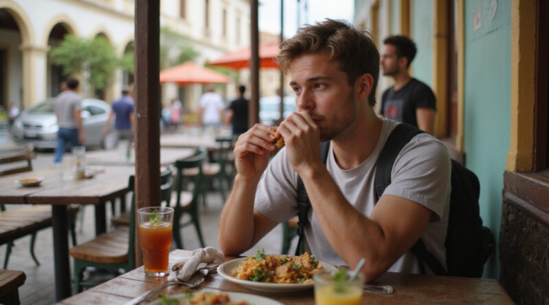 Backpacker dining in Petropolis, Brazil at local restaurant