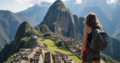 Young backpacker admiring breathtaking Machu Picchu, Peru view