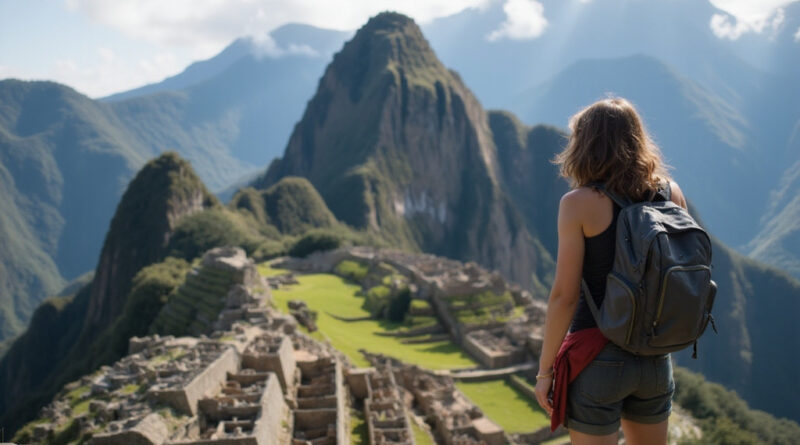 Young backpacker admiring breathtaking Machu Picchu, Peru view