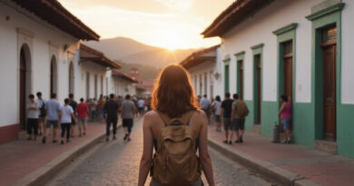 Young backpacker exploring historical Popayán, Colombia at sunset