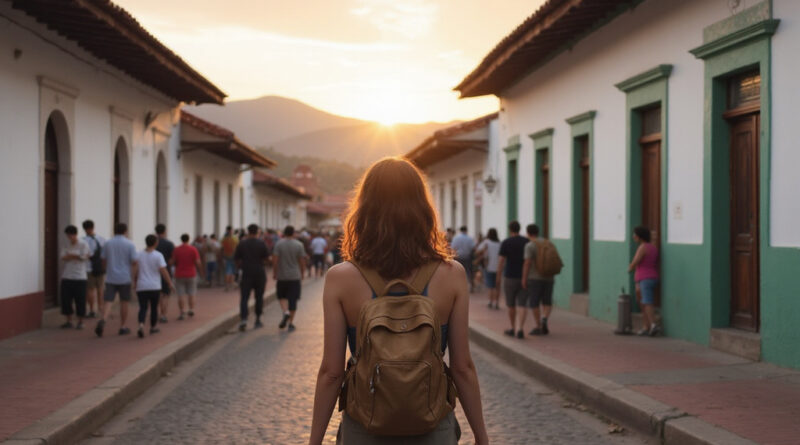 Young backpacker exploring historical Popayán, Colombia at sunset