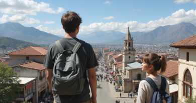 Backpackers exploring vibrant street markets in Porto Montt, Chile