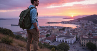 Young backpacker admiring sunset over Porto Vargas, Chile cityscape