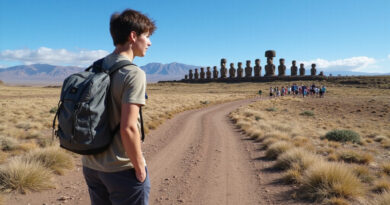 מטייל רגלי צעיר באתאקמה, צ'ילה מביט בפסלים של אי הפסחה