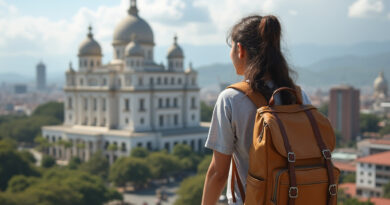Young adult backpacker enjoying scenic views of Baranquilla, Colombia