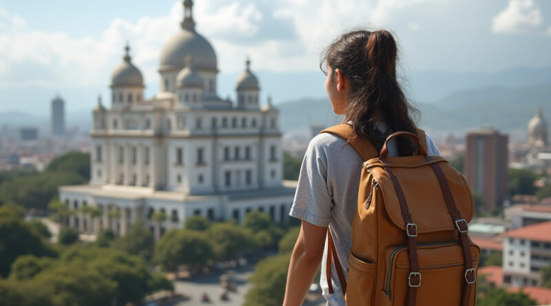 Young adult backpacker enjoying scenic views of Baranquilla, Colombia