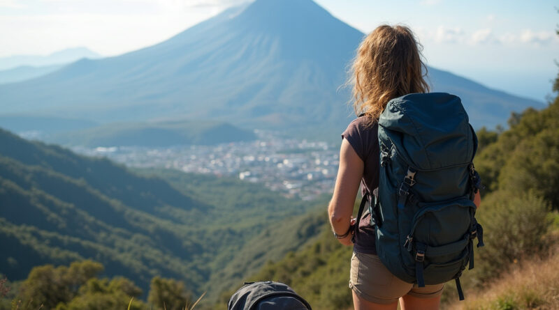 Backpacker enjoying Pichincha Volcano view in פיוראי פרו recommendation