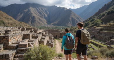 Backpackers exploring Pisac, Peru's Andean scenery and Incan ruins