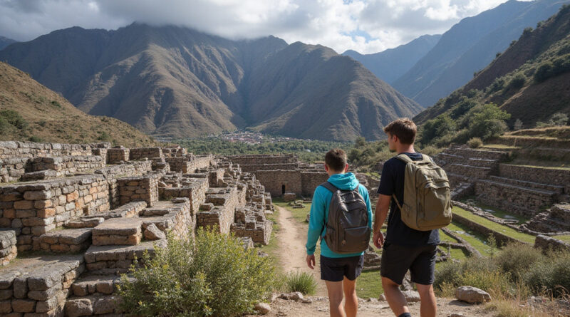 Backpackers exploring Pisac, Peru's Andean scenery and Incan ruins