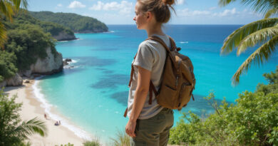 Backpacker admiring vibrant seascapes in San Andres, Colombia