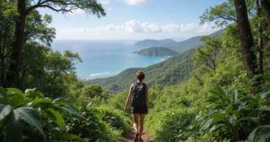 Backpacker exploring lush Tayrona Park, Colombia