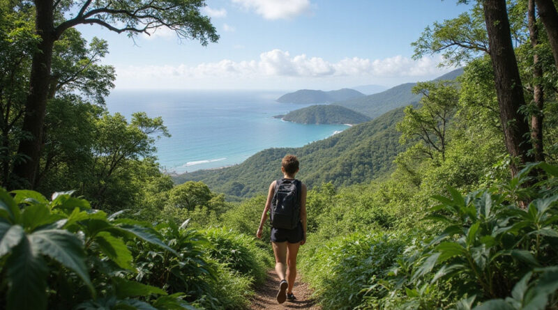 Backpacker exploring lush Tayrona Park, Colombia