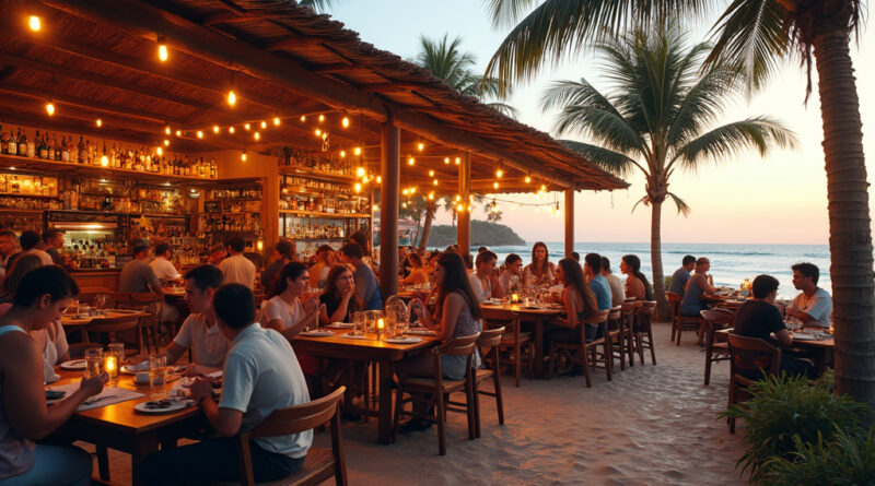 Lively backpacker restaurant in Mancora, Peru near the beach