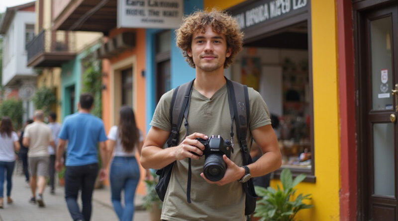 Young backpacker in front of vibrant hostel in Bogota, Colombia