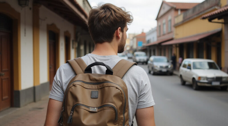 Backpacker exploring bustling street in Cali, Colombia near הוסטלים מומלצים בקאלי קולומביה