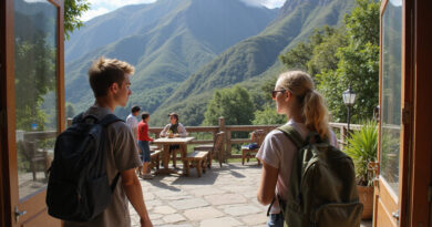 Panoramic view of recommended hostel in Chile with backpackers entering