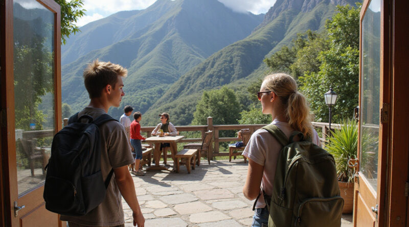 Panoramic view of recommended hostel in Chile with backpackers entering