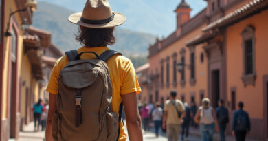 Backpacker admiring recommended hostel in Cusco, Peru