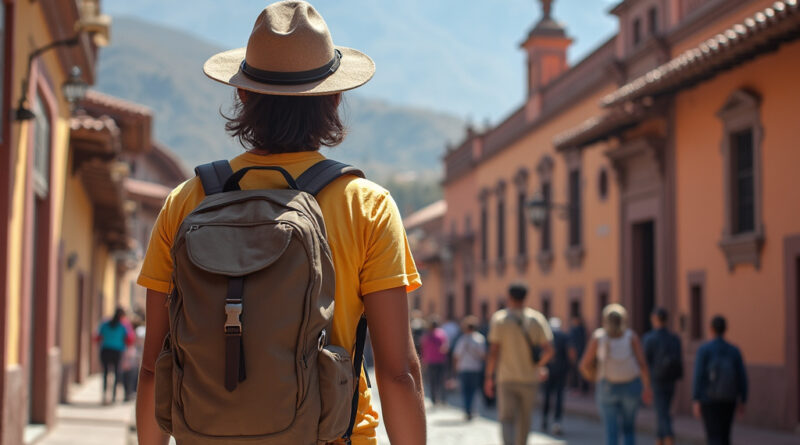 Backpacker admiring recommended hostel in Cusco, Peru