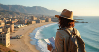 Brown-haired backpacker exploring recommended hostels in Iquique, Chile