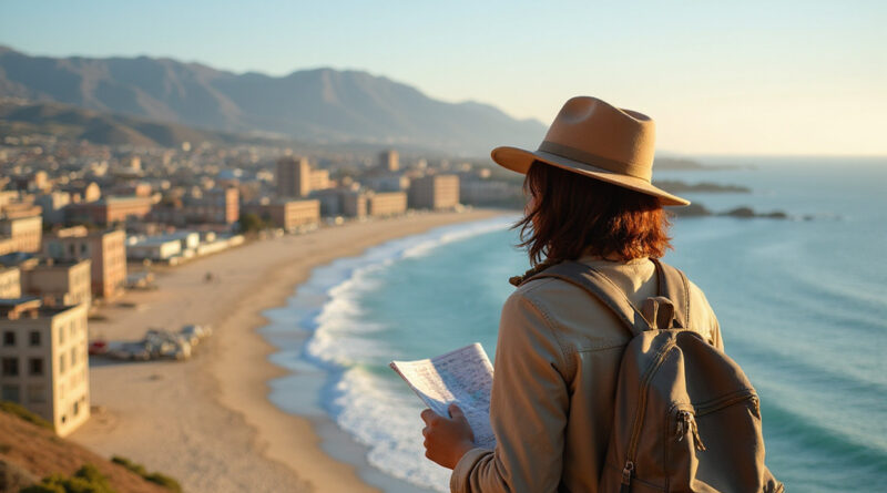 Brown-haired backpacker exploring recommended hostels in Iquique, Chile