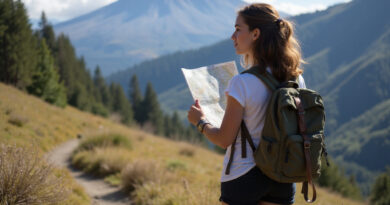 Young backpacker navigating trail in Pucón, Chile near Villarrica Volcano