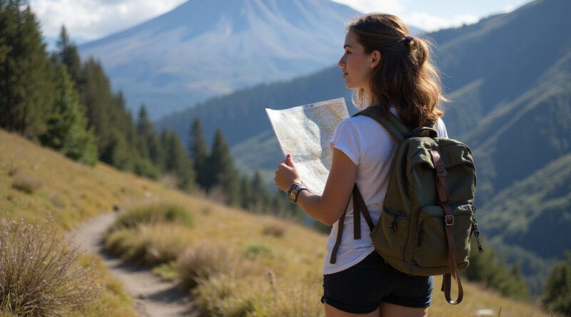 Young backpacker navigating trail in Pucón, Chile near Villarrica Volcano