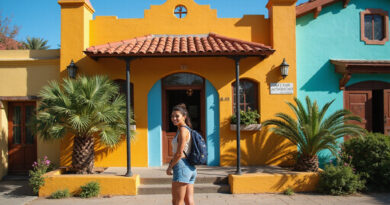 Excited backpacker in front of a vibrant hostel in Viña del Mar, Chile