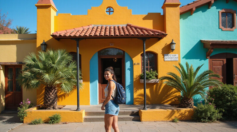 Excited backpacker in front of a vibrant hostel in Viña del Mar, Chile