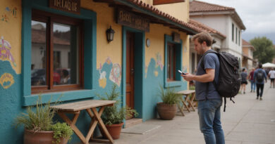 Young backpacker outside a recommended hostel in Iquique, Chile