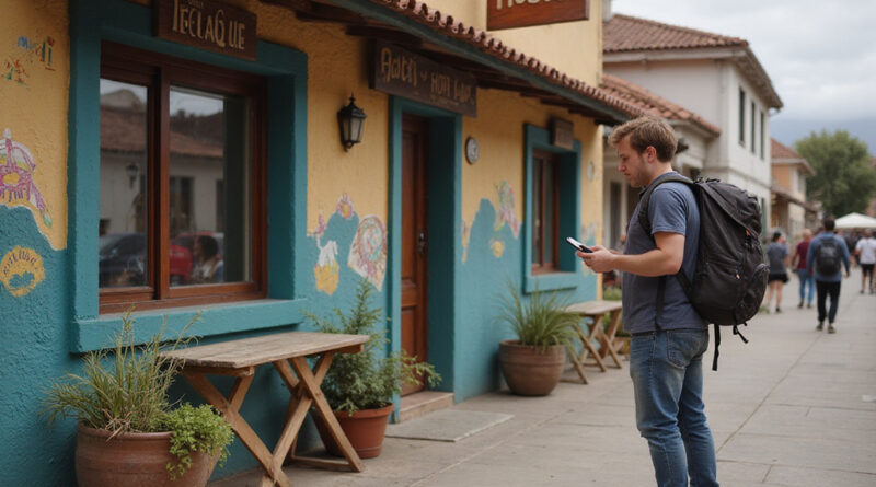 Young backpacker outside a recommended hostel in Iquique, Chile