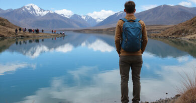 Backpacker admiring scenic Lake Luciano, Chile with popular hostels