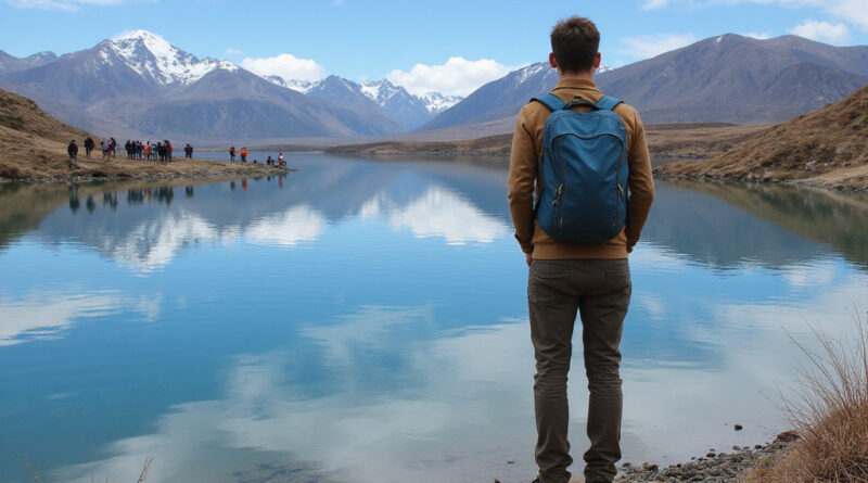 Backpacker admiring scenic Lake Luciano, Chile with popular hostels