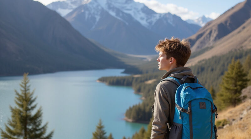Backpacker admiring view at recommended hostel by Lake Luciano, Chile