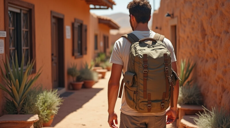 Backpacker exploring recommended hostel in Nasca, Peru